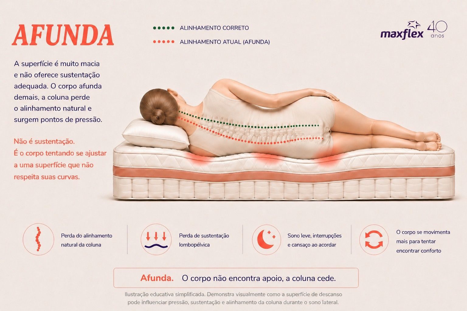 Ilustração editorial com rótulo AFUNDA: corpo dormindo de lado em colchão macio demais, quadril afundando no centro e coluna em formato de U