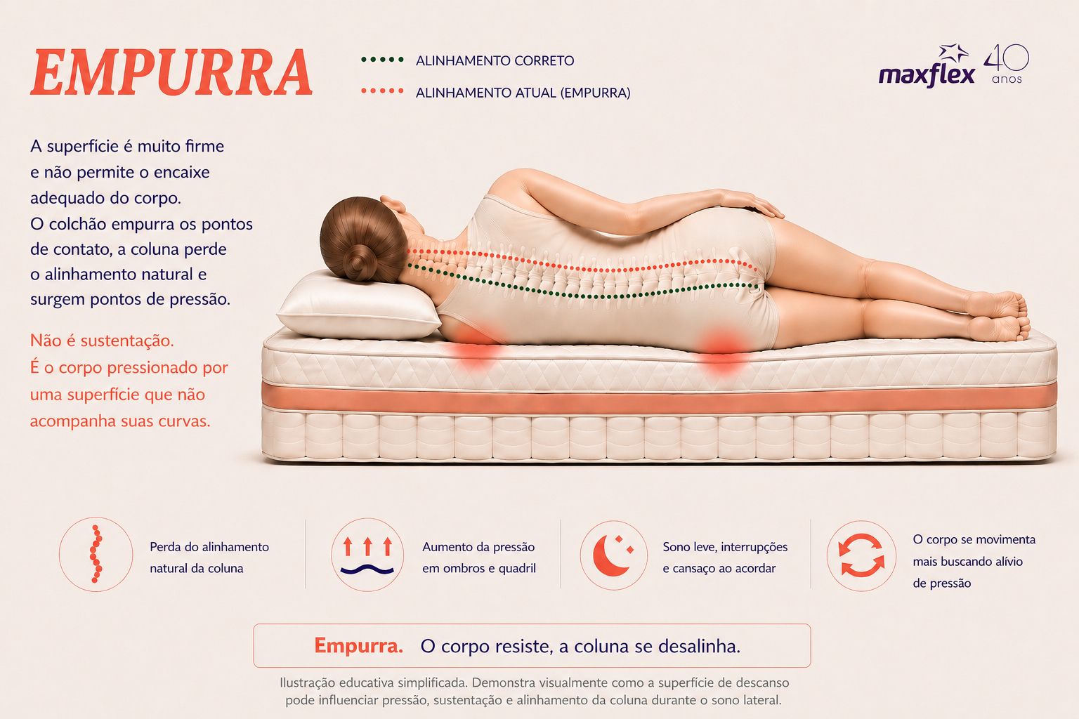 Ilustração editorial com rótulo EMPURRA: corpo dormindo de lado em colchão firme demais, coluna desalinhada, pontos coral de pressão no ombro e quadril