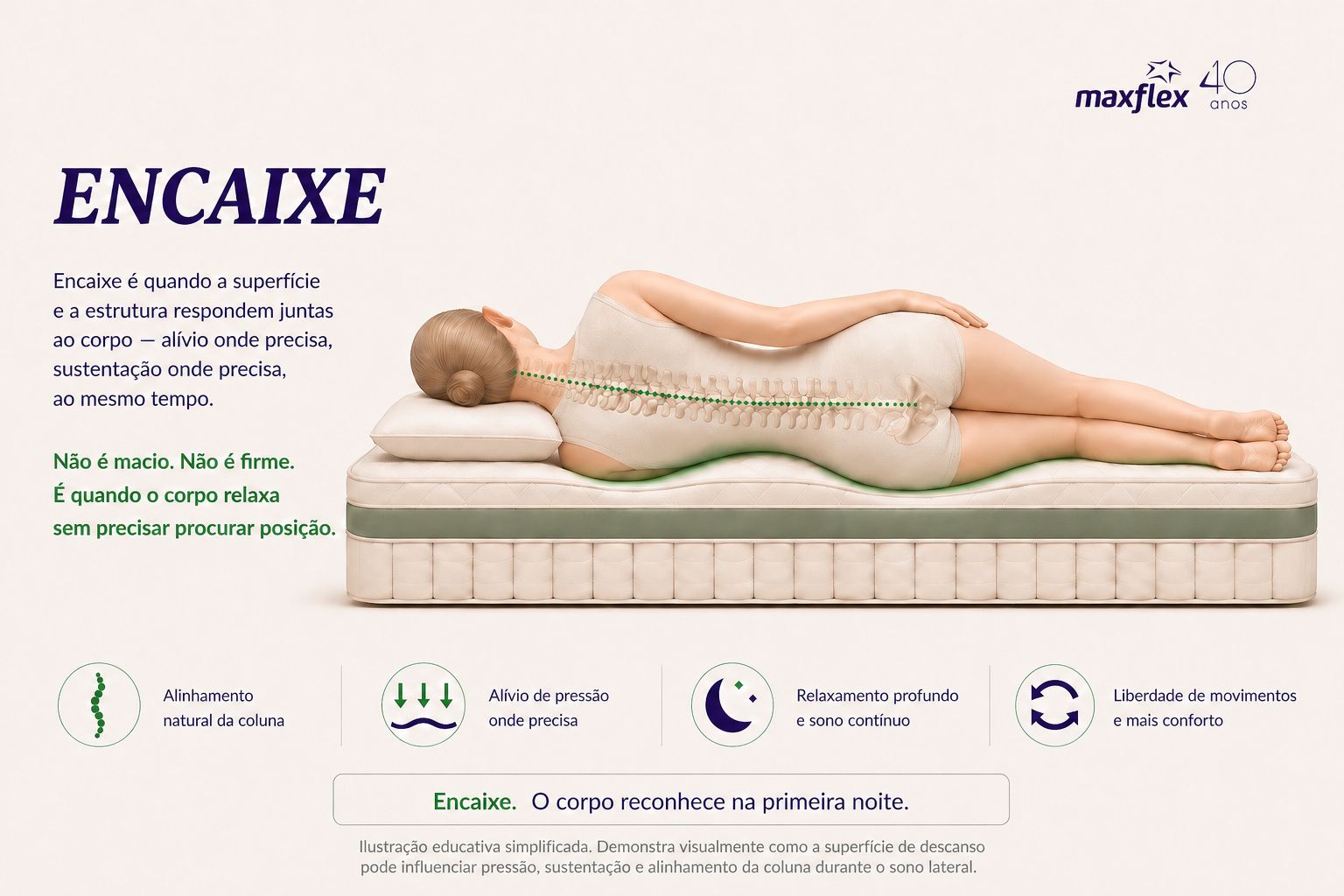 Ilustração editorial com rótulo ENCAIXA: corpo dormindo de lado em colchão Maxflex, coluna em linha neutra, ombro e quadril acomodados, molas ensacadas visíveis na base